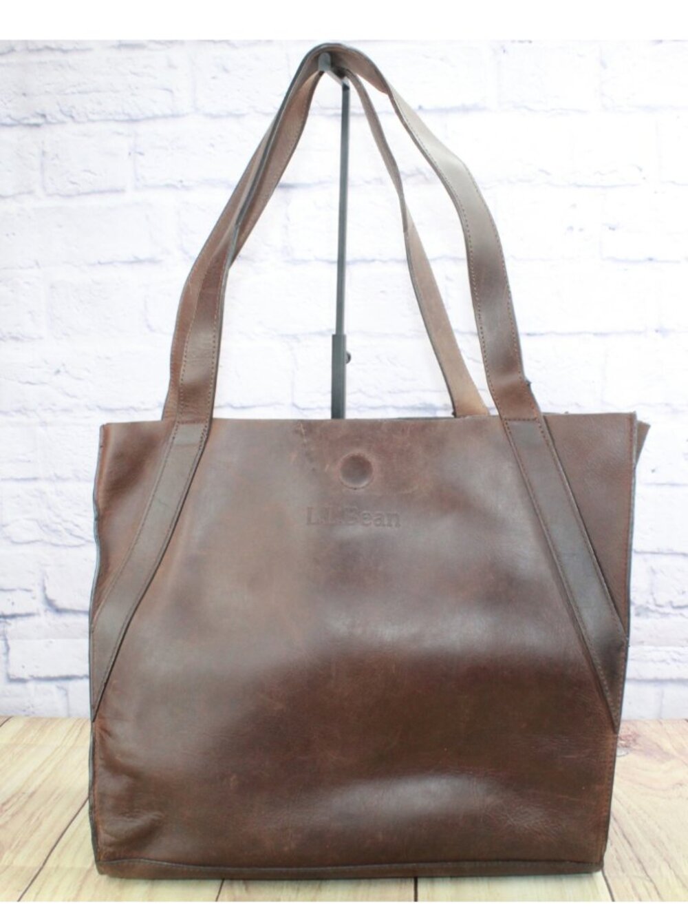 LL Bean Brown Genuine Leather Tote Bag Carryall Top Handle Strap Distressed